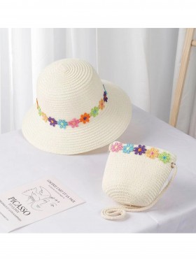 Kid Woven Sun Hat and Mini Bag W/ Flowers Set